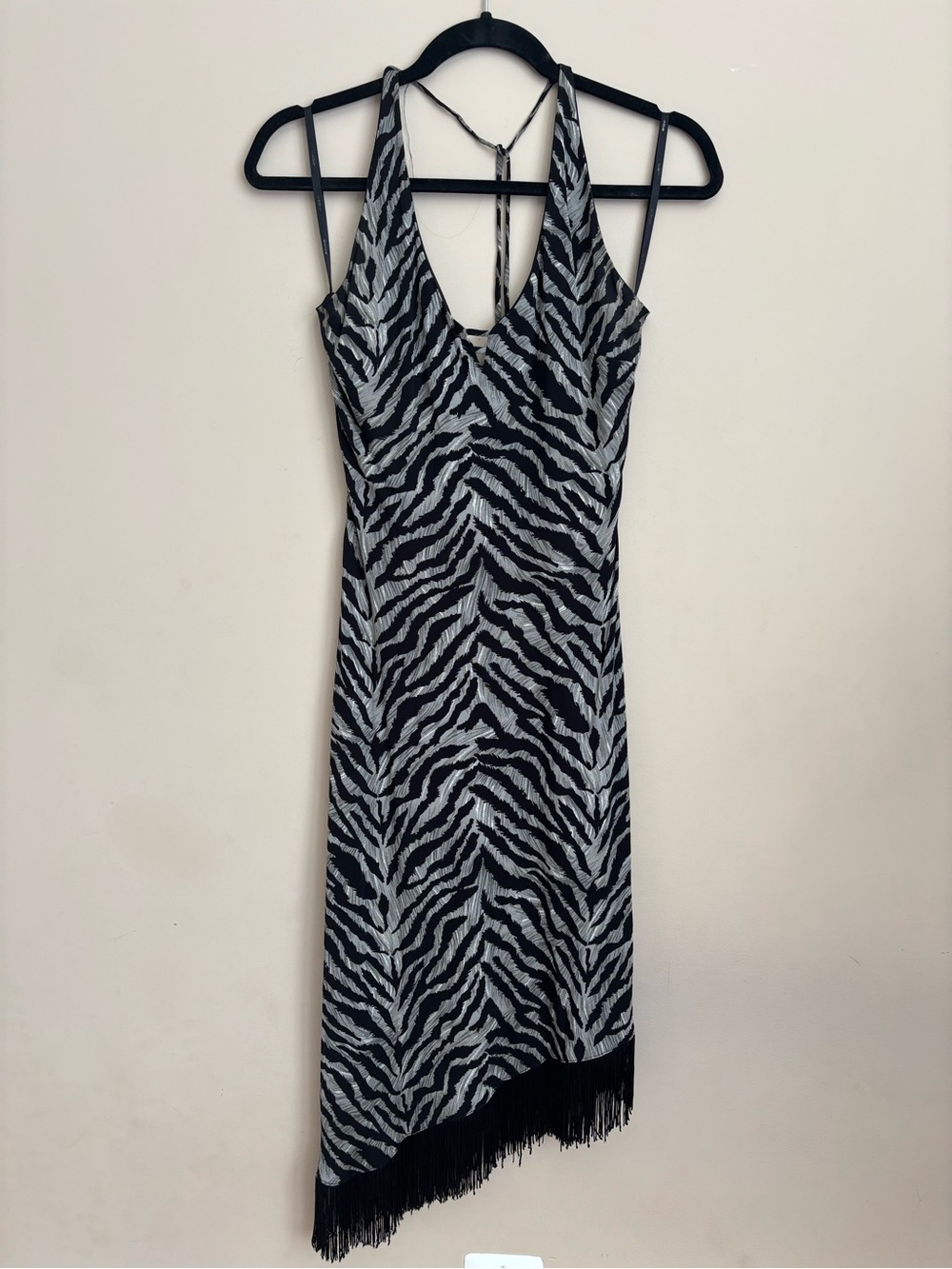 bebe Black and Gray Zebra-Print Fringe Maxi Dress